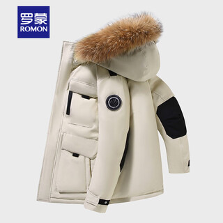 Romon down jacket men's 2025 new thickened fashionable warm goose down hooded short workwear large fur collar winter jacket beige/yr986 s (90-105jin jin equals 0.5 kg)