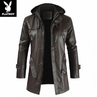 Playboy (playboy) high-end mid-length men's leather jacket korean style new youth large size hooded pu leather windbreaker men's jacket brown xl