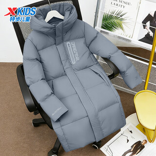 Xtep (xtep) xtep children's clothing, medium and long down jacket for boys and girls, three-proof and warm, 2025 winter new style, medium and large children's hooded jacket, stone gray, windproof and warm, same style as the main picture 120