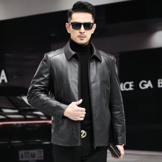 胖东来超市代购海宁男皮衣可脱卸内胆皮衣男头层牛皮翻领机外同款 黑色 均码 170L适合80-110斤