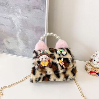 Ultraman autumn and winter new girls plush bag children's chain crossbody bag princess baby cute pearl handheld shoulder bag brown leopard print
