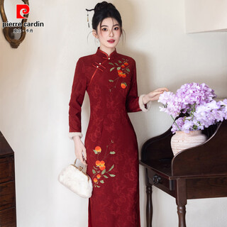 Pierre cardin red cheongsam winter dress women's thickened toast dress bride new chinese style engagement back to her parents' home new year's shirt embroidered plus velvet shishi ruyi cheongsam s 85-94jin jin is equal to 0.5 kg