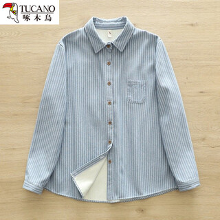 Woodpecker velvet thickened striped shirt for women 2025 autumn and winter new loose and versatile simple all-in-one velvet warm shirt blue striped plus velvet winter plus velvet s 80-110jin jin equals 0.5 kg