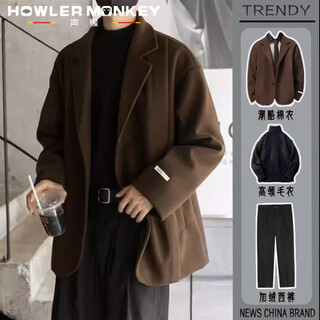 Sound monkey men's woolen suit short suit jacket loose autumn and winter woolen coat thick casual versatile suit men brown jacket + black turtleneck + velvet pants black three-piece set m