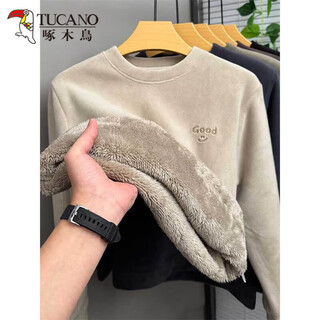 Woodpecker flannel sweatshirt men's round neck winter velvet thickened warm top men's fleece ultra-thick all-in-one velvet bottoming shirt 6665 meters gray 2xl recommended 125-145jin jin equals 0.5 kg