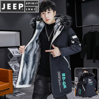 Jeep spirit hooded jacket for men in autumn and winter plus velvet warm parka jacket mid-length style wind clothes men's cotton coat bdq black gray xl about (135-155jin jin is equal to 0.5kg can be worn)