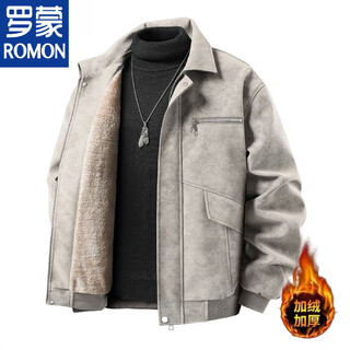 罗蒙（ROMON）冬季复古皮衣加绒加厚男士美式纯色保暖防风翻领宽松夹克百搭外套 高档咖色升级款 加绒 M 建议 100-125 斤
