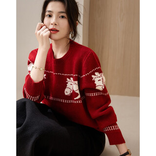 Demana mengma shenghua winter warm velvet yarn sweater round neck contrast color jacquard slightly loose women's sweater
