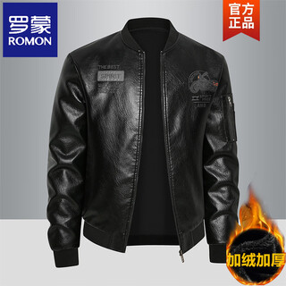 Romon leather jacket men's baseball collar velvet thickened loose casual trendy handsome leather jacket embroidered motorcycle jacket black velvet 812x thickened m
