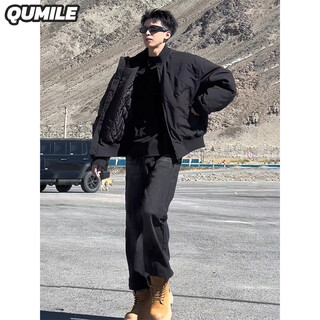 Qumile american retro bomber jacket cotton jacket men's winter high street casual cotton clothes loose warm thick jacket black xl