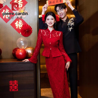 Pierre cardin cheongsam toast wear bridal red engagement dress new chinese style wedding suit long sleeve dress women burgundy l