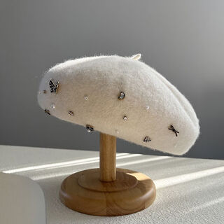 Foyhao wool beret women's autumn and winter pumpkin hat small fragrant style fashionable warm hat handmade pearl rhinestone painter hat cream white