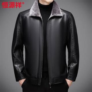 Hengyuanxiang haining leather jacket men's fur one-piece plus velvet thickening dad wear middle-aged and elderly leather jacket men's leather jacket black 3xl 190