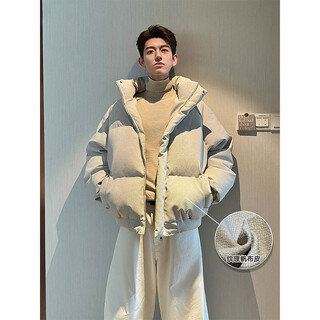 Nying canvas leather cotton jacket men's winter new american trendy brand stand-up collar short cotton jacket thickened warm loose cotton jacket off-white m (90-110jin jin equals 0.5 kg)
