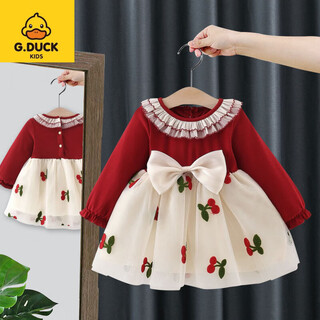 G.duck little yellow duck girls' velvet dress new children's style skirt baby girl autumn and winter princess dress thin burgundy 73 cm