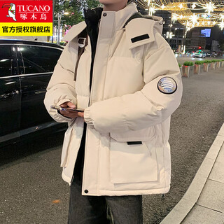 Woodpecker workwear cotton jacket men's winter thickened warm hooded jacket men's cotton jacket teenagers handsome and versatile big pocket cotton jacket off-white l recommended 135-150 jin jin equals 0.5 kg