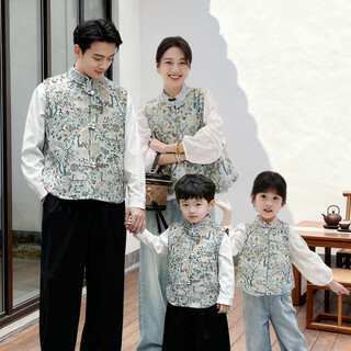 Qinzhi hanfu parent-child clothing mother and daughter autumn and winter new chinese style parent-child clothing chinese style buckle vest autumn clothing 2025 new retro mother-in-law floral blue vest 120 girls height about 110cm