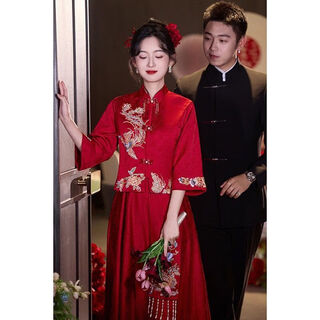 Xianqing pregnant women's toast wear for women bridal wedding and engagement dress new chinese style large size fat girl out of the court wedding dress burgundy dress s