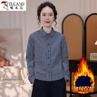 Woodpecker's beautiful long-sleeved shirt for women, 2026 new model, winter velvet, western style, unique and super good-looking shirt, navy plaid, velvet and thickened m. it is recommended that jin jin is equal to 0.5 kg.
