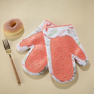 Yong huan anti-scalding heat-insulating gloves oven high temperature resistant thickened kitchen baking microwave oven special silicone household anti-slip gloves thickened anti-scalding heat insulating silicone gloves pink and white leaves 1 pair