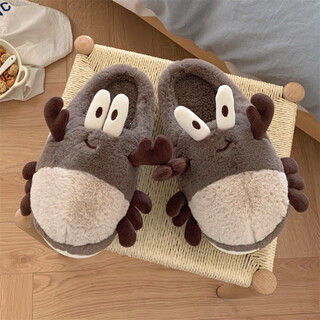 Shijanu duck paw baby children's cotton slippers for indoor and home use, cute bag heel, non-slip, warm, autumn plush shoes for boys and girls, dark brown half bag, three-dimensional crab 42 _42-43