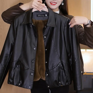 High-end quality monica leather women's velvet thickened jacket black velvet thickened 6xl 145-155jin jin is equal to 0.5 kg