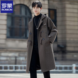 Romon horn button woolen coat men's mid-length british windbreaker jacket men's high-quality teenage long woolen men's clothing brown medium-long style appears taller, does not press down xl recommended weight 146jin jin is equal to 0.5kg -165jin jin is equal to 0.5kg