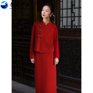 Oimg light luxury high-end winter chinese style red woolen coat women's autumn engagement dress wedding dress toasting dress red jacket + skirt (set) l