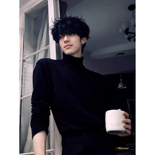 Jingsa half turtle collar hong kong style trendy sweater men's autumn and winter high-end bottoming shirt slim right shoulder handsome top black regular xl