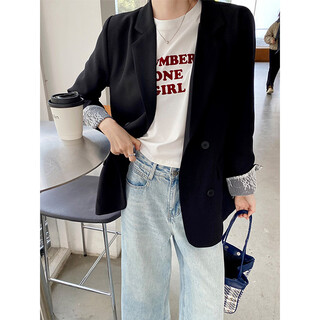 He jiagong black suit jacket for women 2025 new style small high-end casual loose lace suit uniform top black l recommended 105-120 jin jin equals 0.5 kg