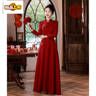 Chujing new chinese style toast wear bridal long sleeve new burgundy cheongsam autumn and winter engagement wedding dress skirt for women burgundy long s