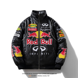 诗迦努美式覆古赛车服机车棉服秋冬机车骑行服刺绣飞行员夹克男女外套 冬季加棉【黑色】PU M 【建议110斤左右】