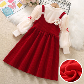 Girls suspender skirt suit winter new year clothes children's dress red new year skirt new year's greetings dress princess dress red 130 cm