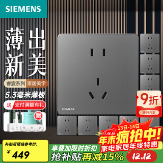 西门子（SIEMENS）86型墙壁开关插座面板 哑光磨砂 睿宸系列深灰银色 五孔插座十只装