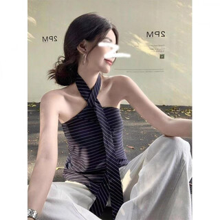 Hot girl design slim slim tube top for women pure lustful sexy backless irregular striped halter top navy blue s (80-100)