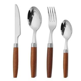 Qiao bo lai korean style ins style spoon 304 stainless steel western steak knife, fork and spoon sapele solid wood handle tableware household soup spoon and fork silver knife, fork and spoon 4-piece set