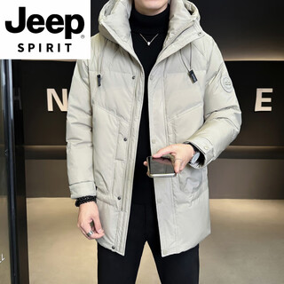 JEEP SPIRIT中长款羽绒服男装冬季2025新款潮牌加厚保暖帅气连帽鸭绒防寒外套 白灰色 XL