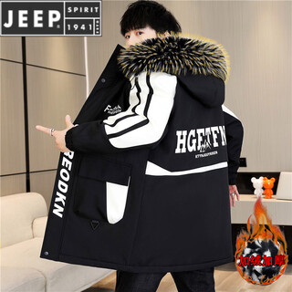 JEEP SPIRIT秋冬季新款中长款风衣男士加绒加厚连帽外套保暖派克服 23A19黑色中长款 加 绒加 厚 XL 125-145斤