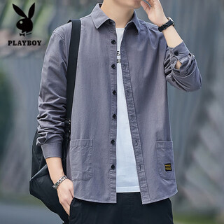 Playboy's new autumn and winter velvet thickened warm shirt long-sleeved men's business casual work construction site solid color letter jacket 646 gray <left and right pockets> long sleeve regular m