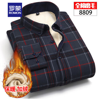 Romon autumn and winter pure cotton warm long-sleeved shirt for middle-aged men casual business plus velvet thickened cotton plus size shirt dark navy ldbl-8809 38 yards 90-100 jin jin equals 0.5 kg