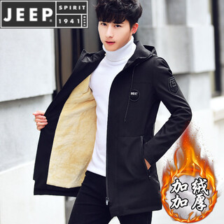Jeep spirit men's jacket mid-length 2025 new autumn and winter trendy men's tops warm jacket plus velvet thickened windbreaker 0058 black (plus velvet) l