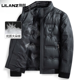 Lilanz 2025 winter new leather down jacket men's stand-up collar thickened middle-aged dad winter coat duck down cold-proof and warm black a03-flagship m 170