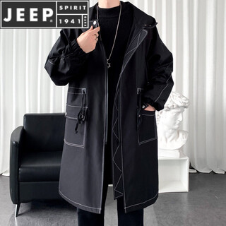 Jeep spirit windbreaker men's winter velvet lambswool mid-length coat men's casual hooded winter and autumn loose large size coat black spring and autumn thin style m 95-120jin jin equals 0.5 kg