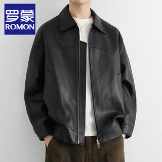 Romon men's motorcycle leather jacket autumn and winter new lapel casual loose handsome pu leather jacket trendy top men black xl weight 140-160jin jin is equal to 0.5 kg