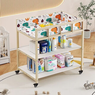 Crib diaper table, steel storage rack with fence, movable nursing table, milk powder and diapers, three-layer milk coffee color naked bed + dinosaur mattress bed surround, others