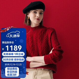 Paluopo25 winter new solid color half turtleneck cable women's pure cashmere sweater pullover warm sweater et20067r bright red clip flower m (100)