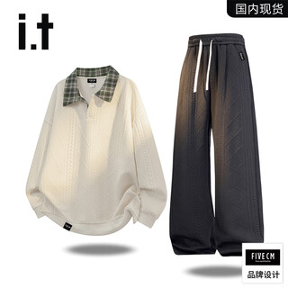 Five cm it 5cm trendy lapel sweatshirt straight pants suit men's autumn and winter loose large size casual two-piece set tz3212+021 beige (spring and autumn) xl (125-140jin jin equals 0.5 kg)