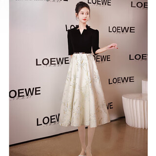 Golden fox high-end atmospheric banquet evening dress for women 2025 new temperament light luxury niche adult ceremony hosting high-end engagement 2182 black stitching v-neck mid-length s