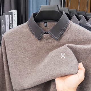 Kbxng jinba business men's wear 25 winter new men's wool sweater warm business full wool fake two-piece lapel long sleeve camel 2xl recommended weight 150-170jin jin is equal to 0.5 kg
