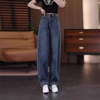 Small narrow scimitar jeans for women 2025 winter new high-waisted slimming straight casual wide-leg pants retro blue trousers height 159cm and above 4xl recommended 148-158jin jin is equal to 0.5 kg